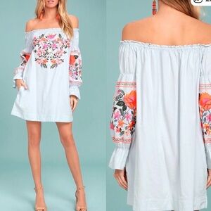 Free People Fleur Du Jour Embroidered Mini Dress Off  Shoulder Ruffled Size L